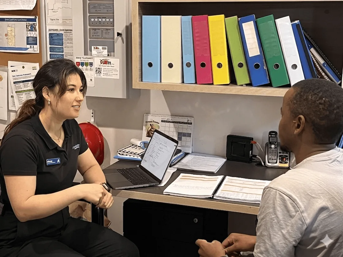 A dietitian and a client talking across a desk during an appointment